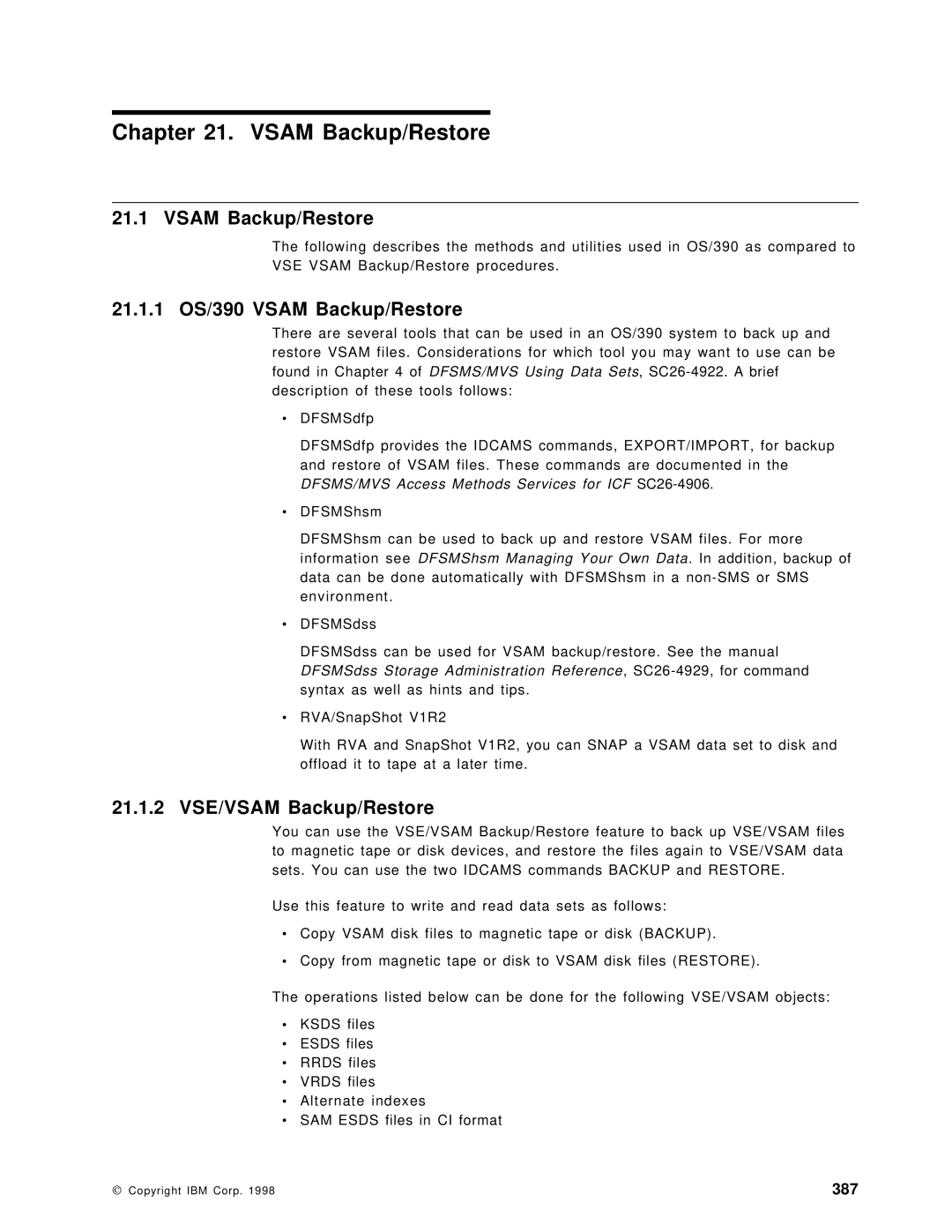 IBM manual 21.1.1 OS/390 Vsam Backup/Restore, 21.1.2 VSE/VSAM Backup/Restore, 387 