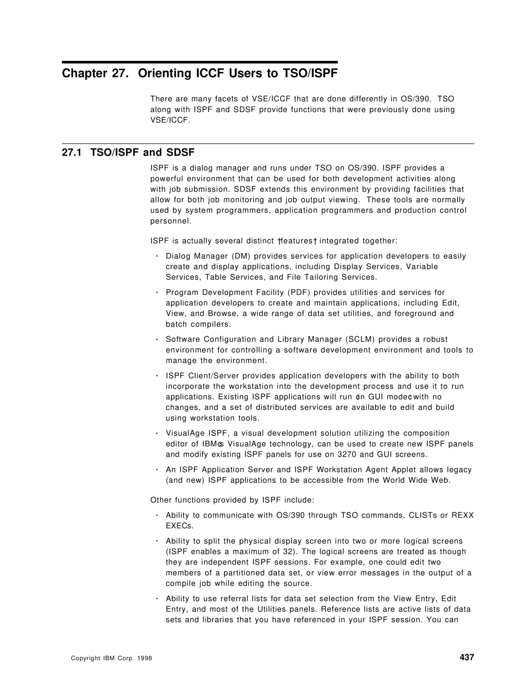 IBM OS/390 manual Orienting Iccf Users to TSO/ISPF, 27.1 TSO/ISPF and Sdsf, 437 