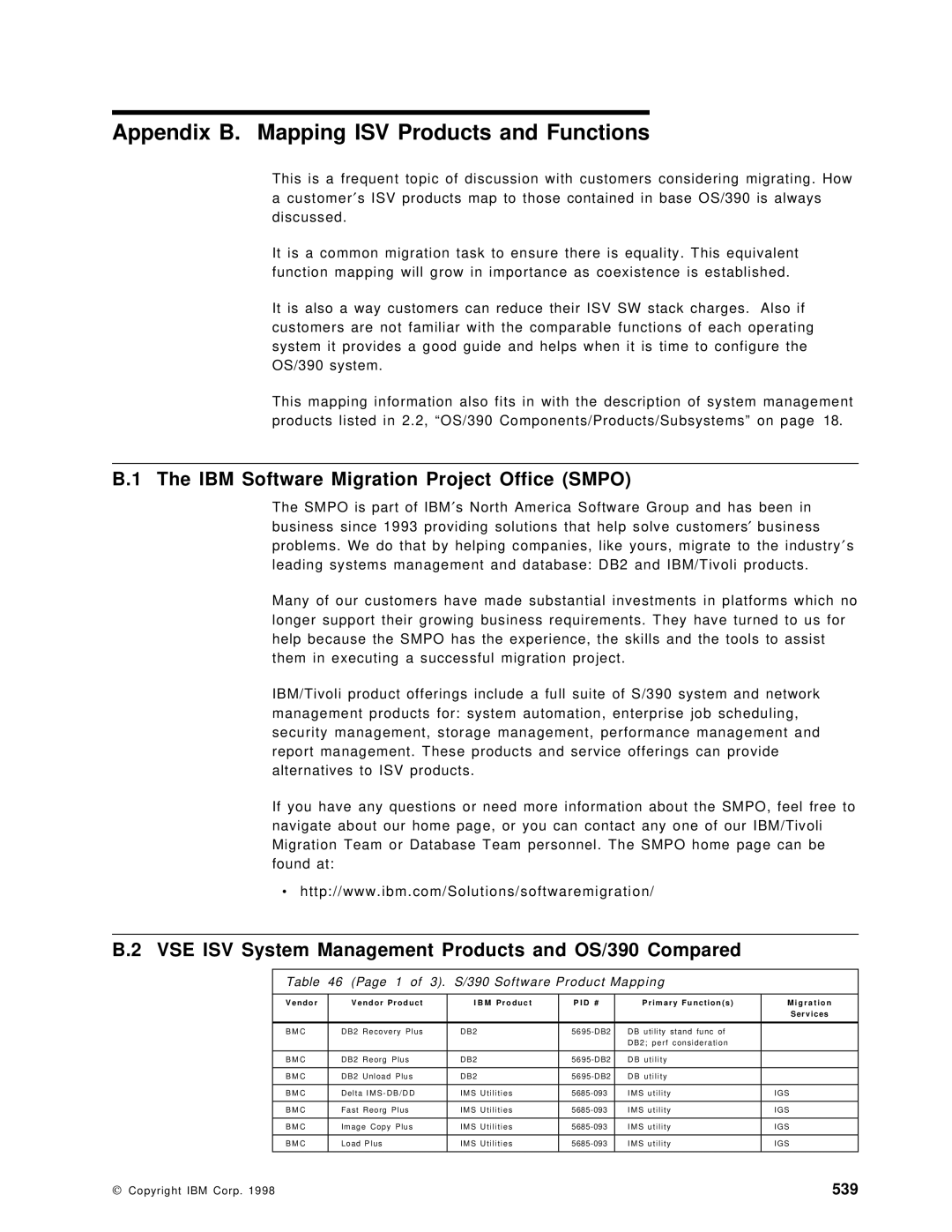 IBM OS/390 manual Appendix B. Mapping ISV Products and Functions, IBM Software Migration Project Office Smpo, 539 