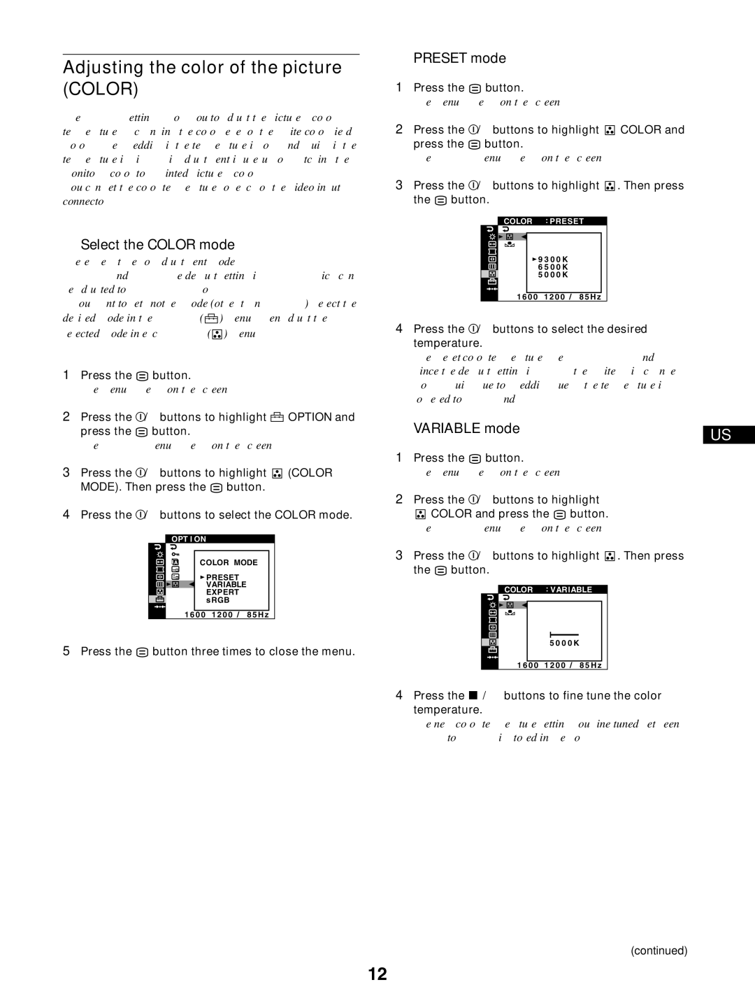 IBM P275 operating instructions Adjusting the color of the picture Color, Select the Color mode, Preset mode, Variable mode 