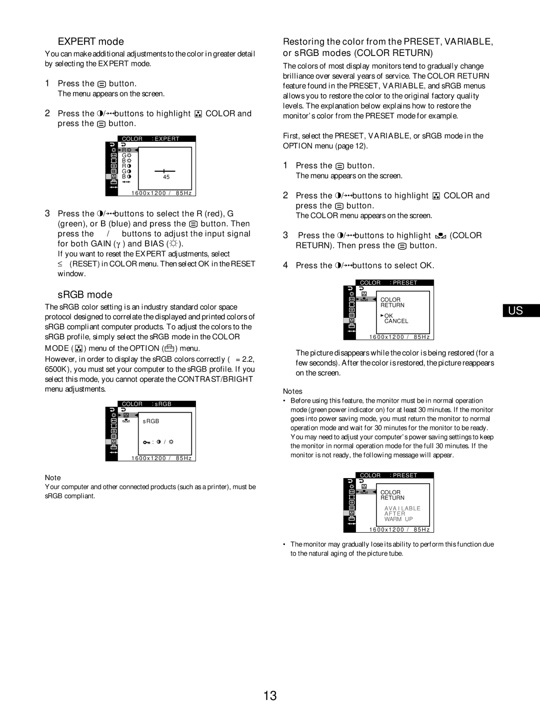 IBM P275 operating instructions Expert mode, SRGB mode, Press the m/M buttons to highlight Press the button Color 