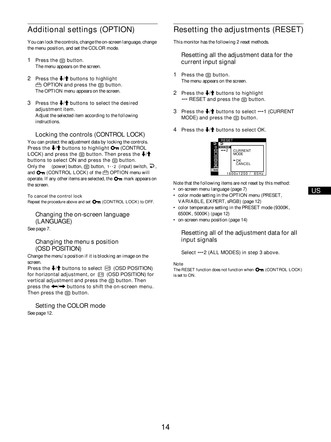 IBM P275 operating instructions Additional settings Option, Resetting the adjustments Reset 