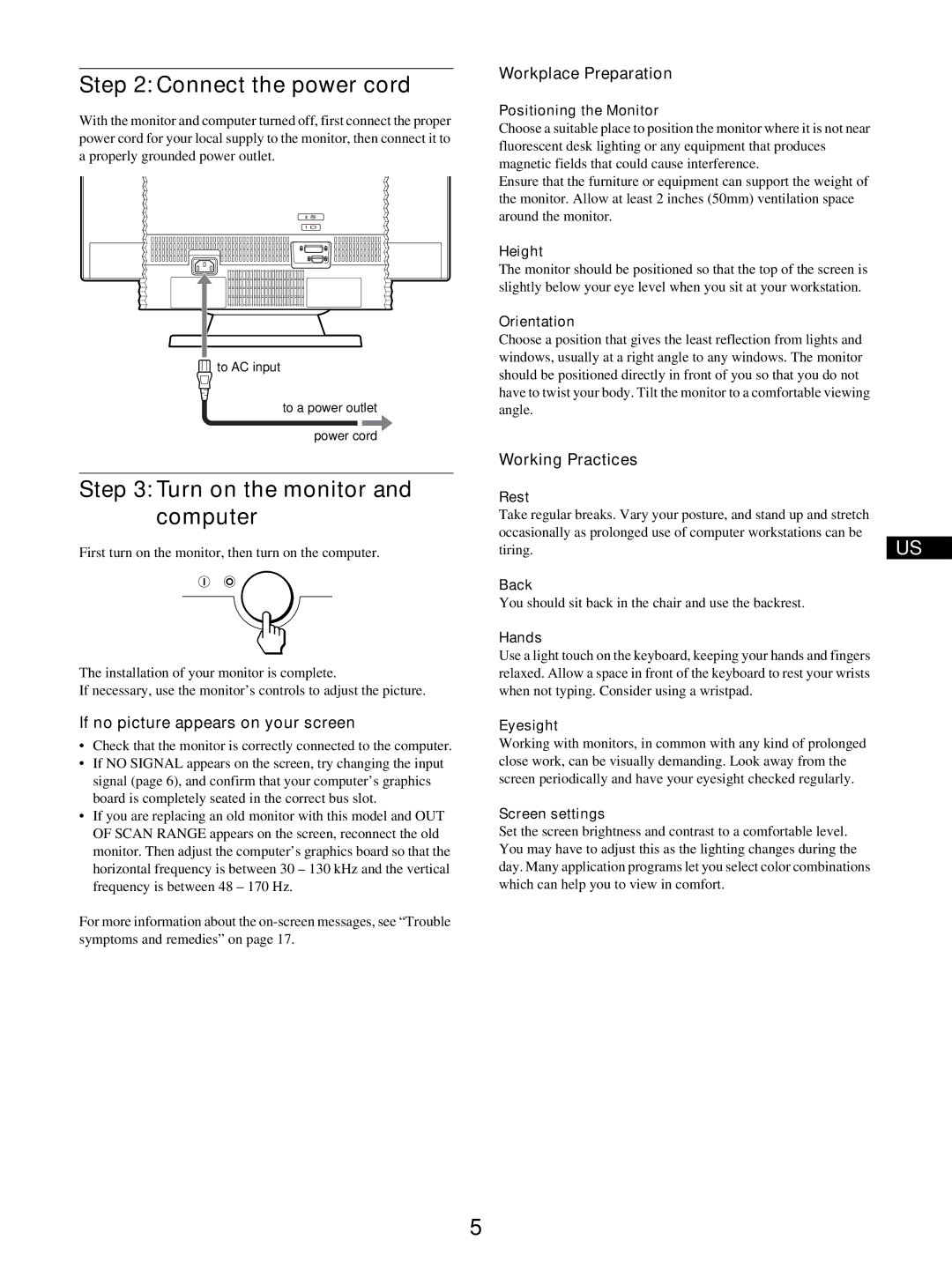 IBM P275 Connect the power cord, Turn on the monitor and computer, If no picture appears on your screen, Working Practices 