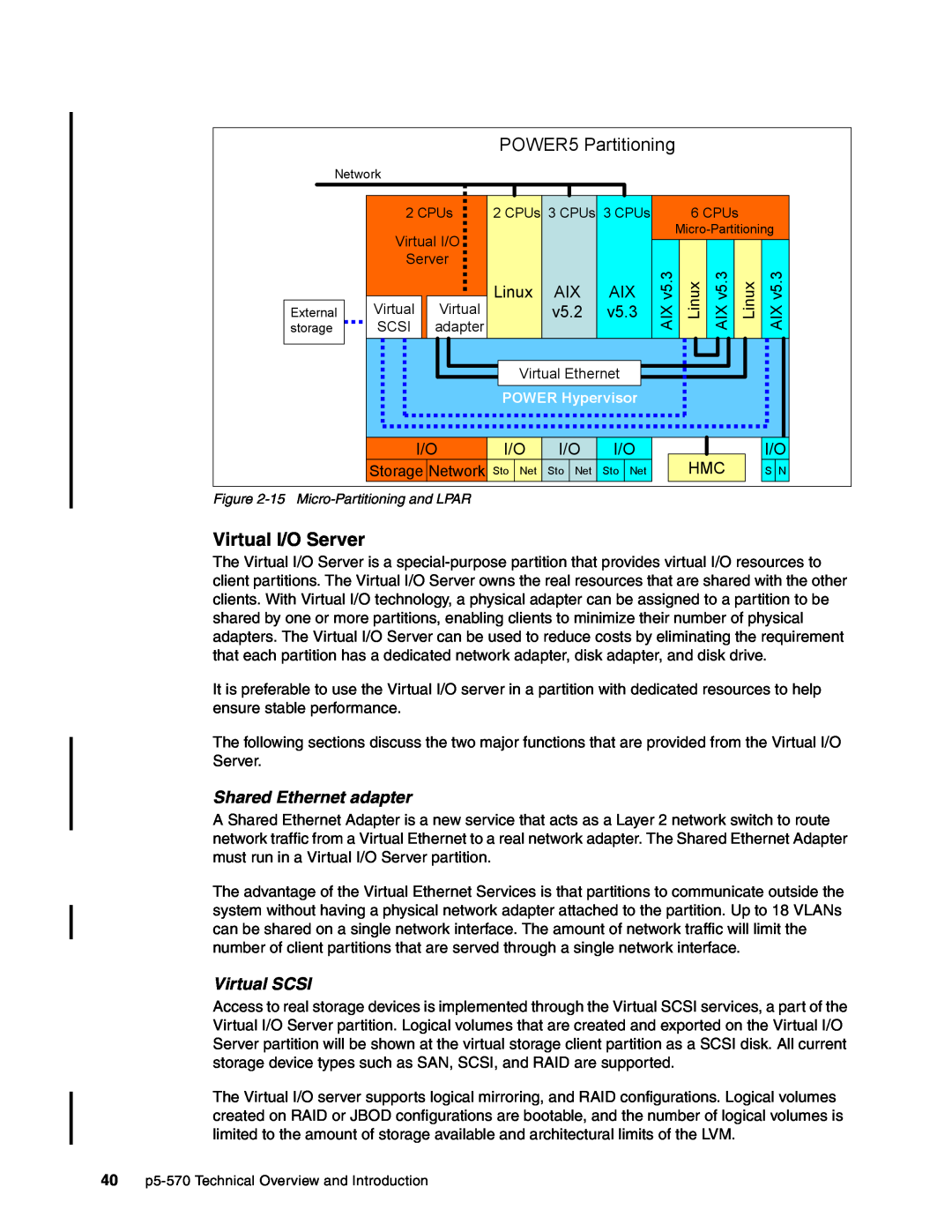 IBM P5 570 manual POWER5 Partitioning, Virtual I/O Server, Shared Ethernet adapter, Virtual SCSI, Linux AIX AIX v5.2 