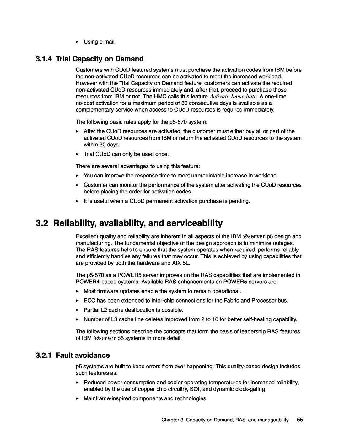IBM P5 570 manual 3.2Reliability, availability, and serviceability, 3.1.4Trial Capacity on Demand, Fault avoidance 