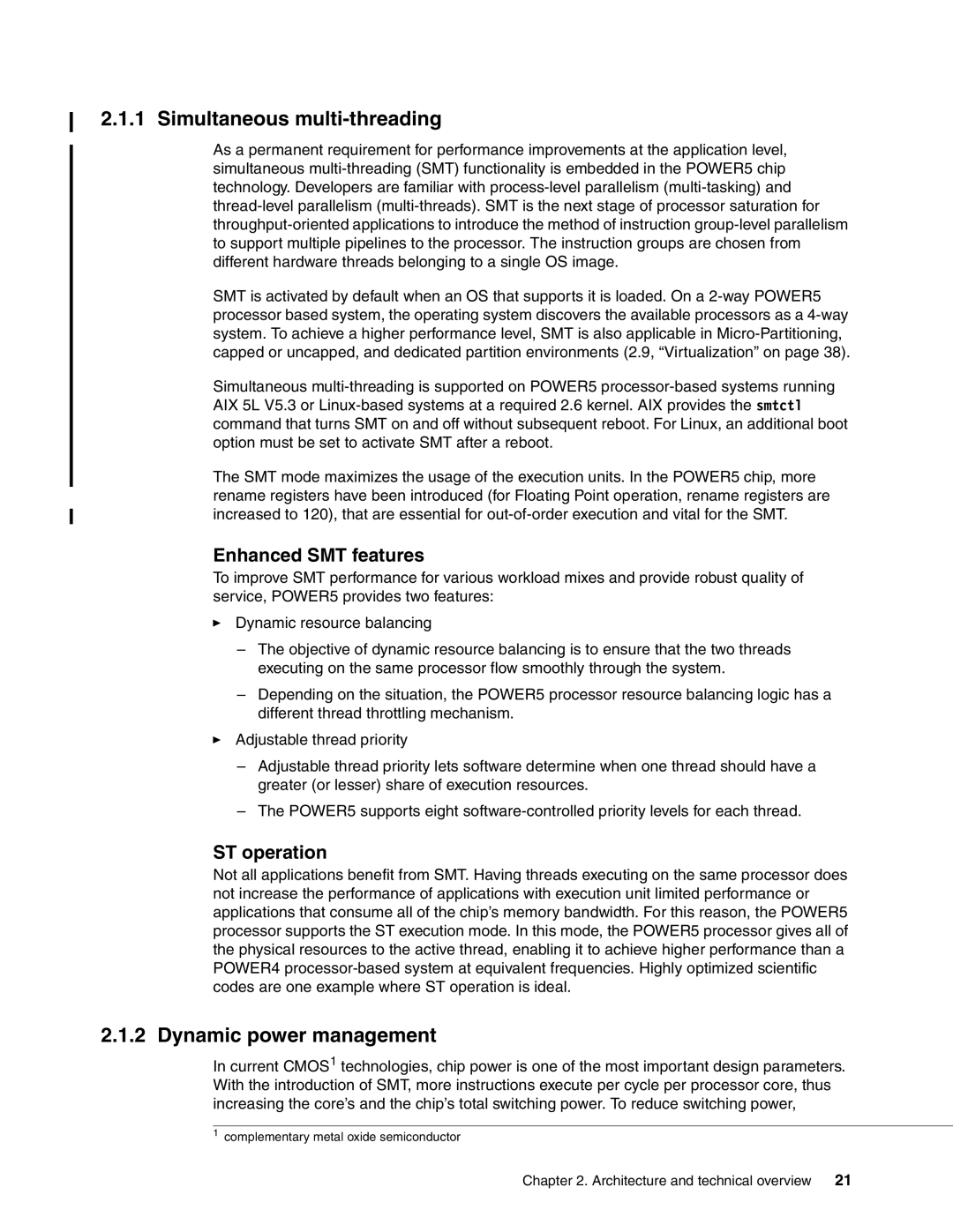 IBM P5 570 manual Simultaneous multi-threading, Dynamic power management, Enhanced SMT features, ST operation 