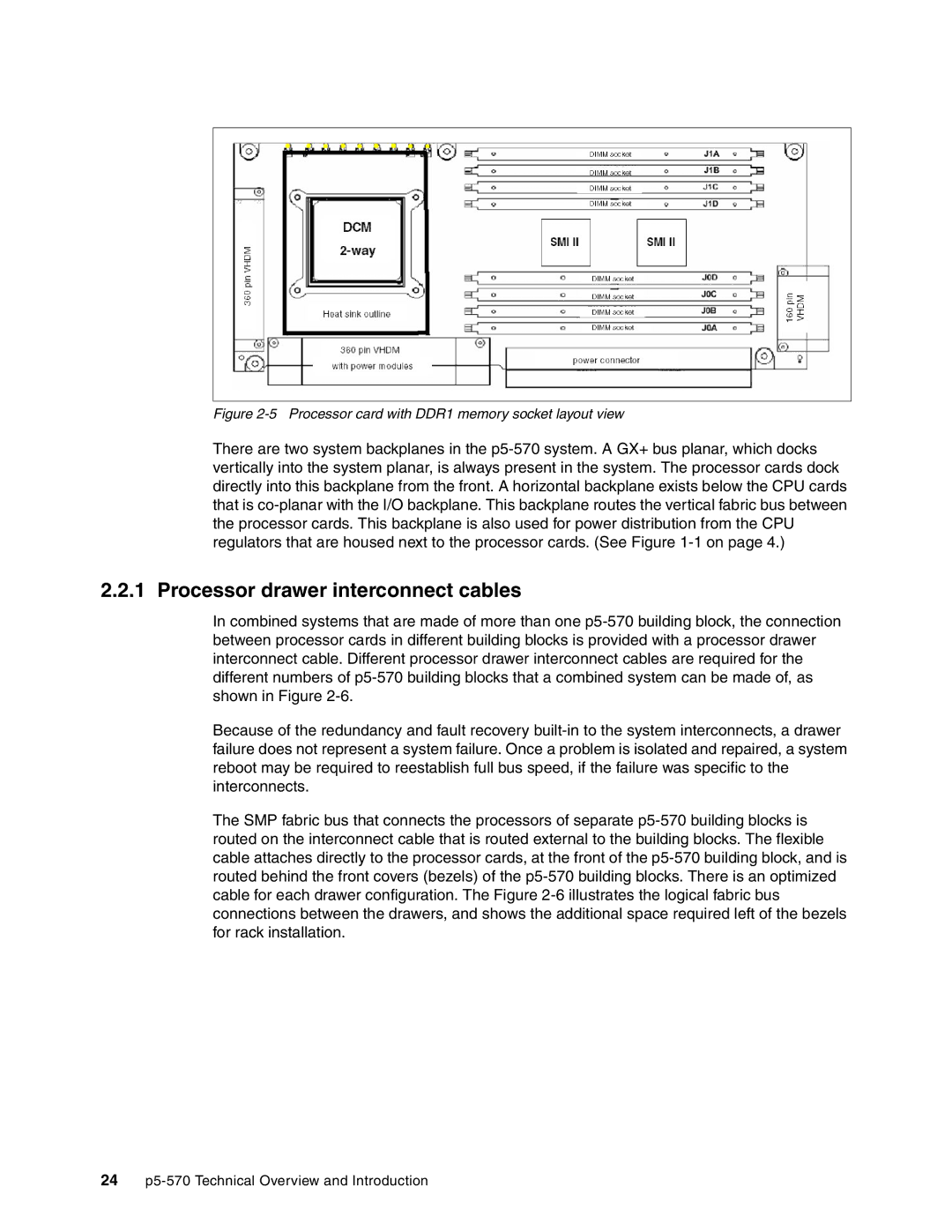 IBM P5 570 manual Processor drawer interconnect cables, Processor card with DDR1 memory socket layout view 