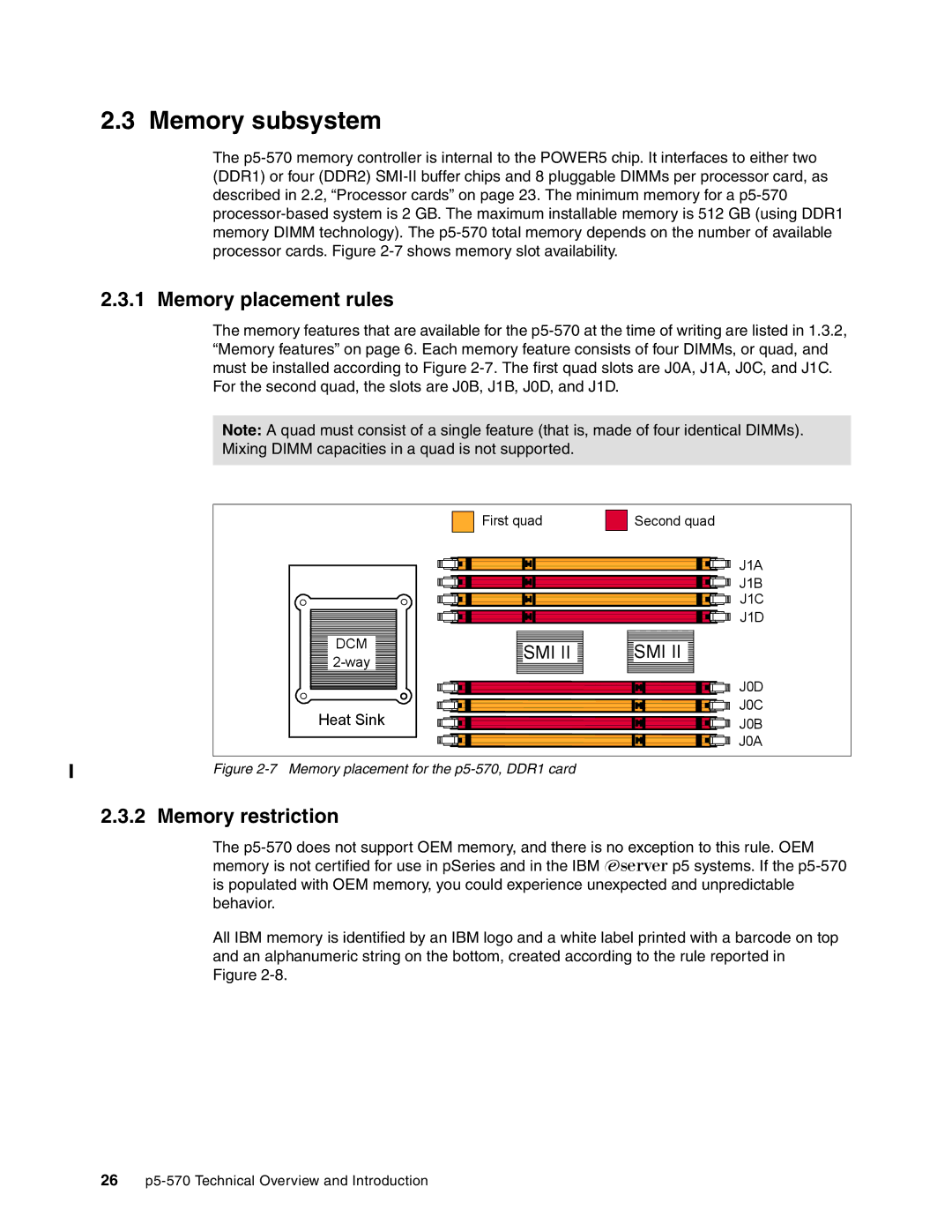 IBM P5 570 manual Memory subsystem, Memory placement rules, Memory restriction 