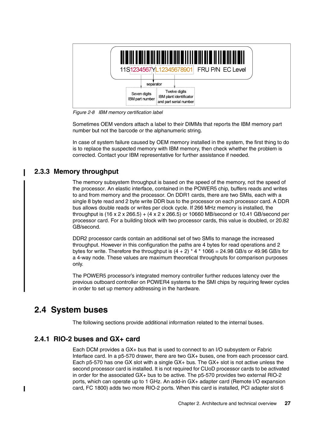 IBM P5 570 manual System buses, Memory throughput, RIO-2 buses and GX+ card 