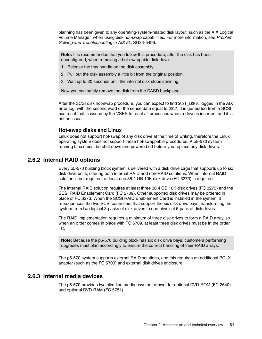 IBM P5 570 manual Internal RAID options, Internal media devices, Hot-swap disks and Linux 