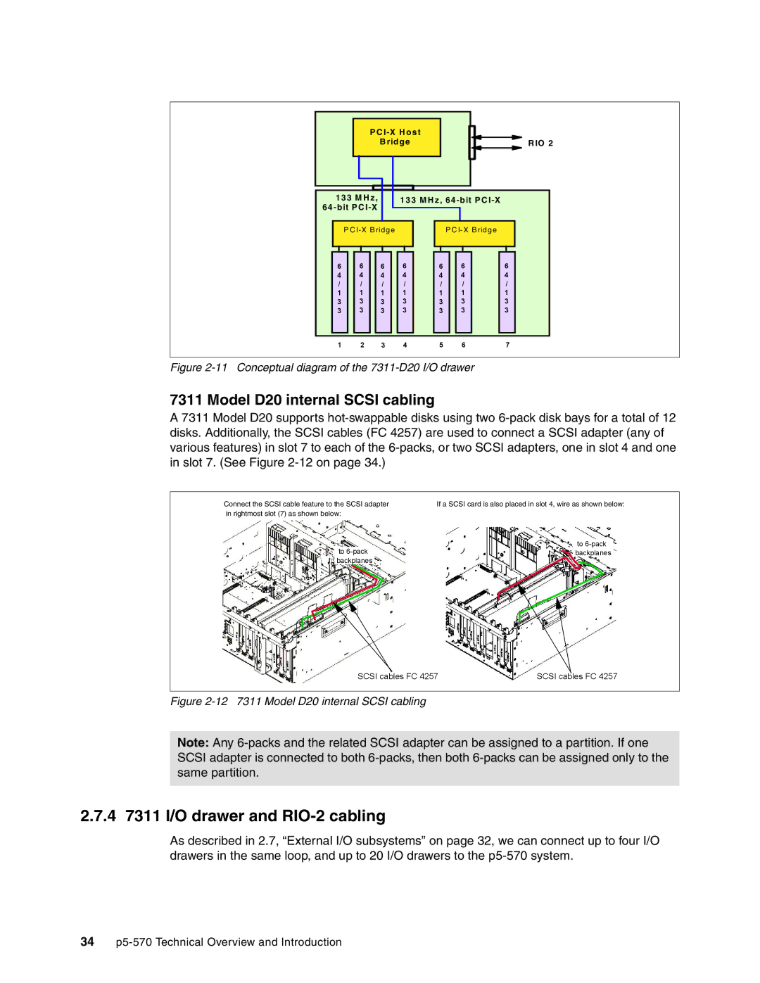 IBM P5 570 manual 4 7311 I/O drawer and RIO-2 cabling, Model D20 internal Scsi cabling 