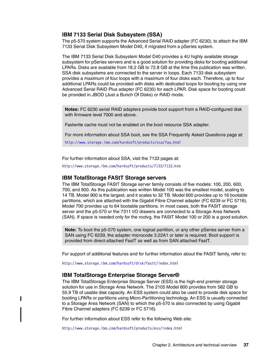 IBM P5 570 manual IBM 7133 Serial Disk Subsystem SSA, IBM TotalStorage FAStT Storage servers 