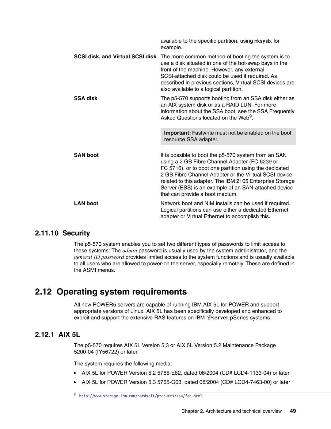 IBM P5 570 manual Operating system requirements, Security, AIX 5L 