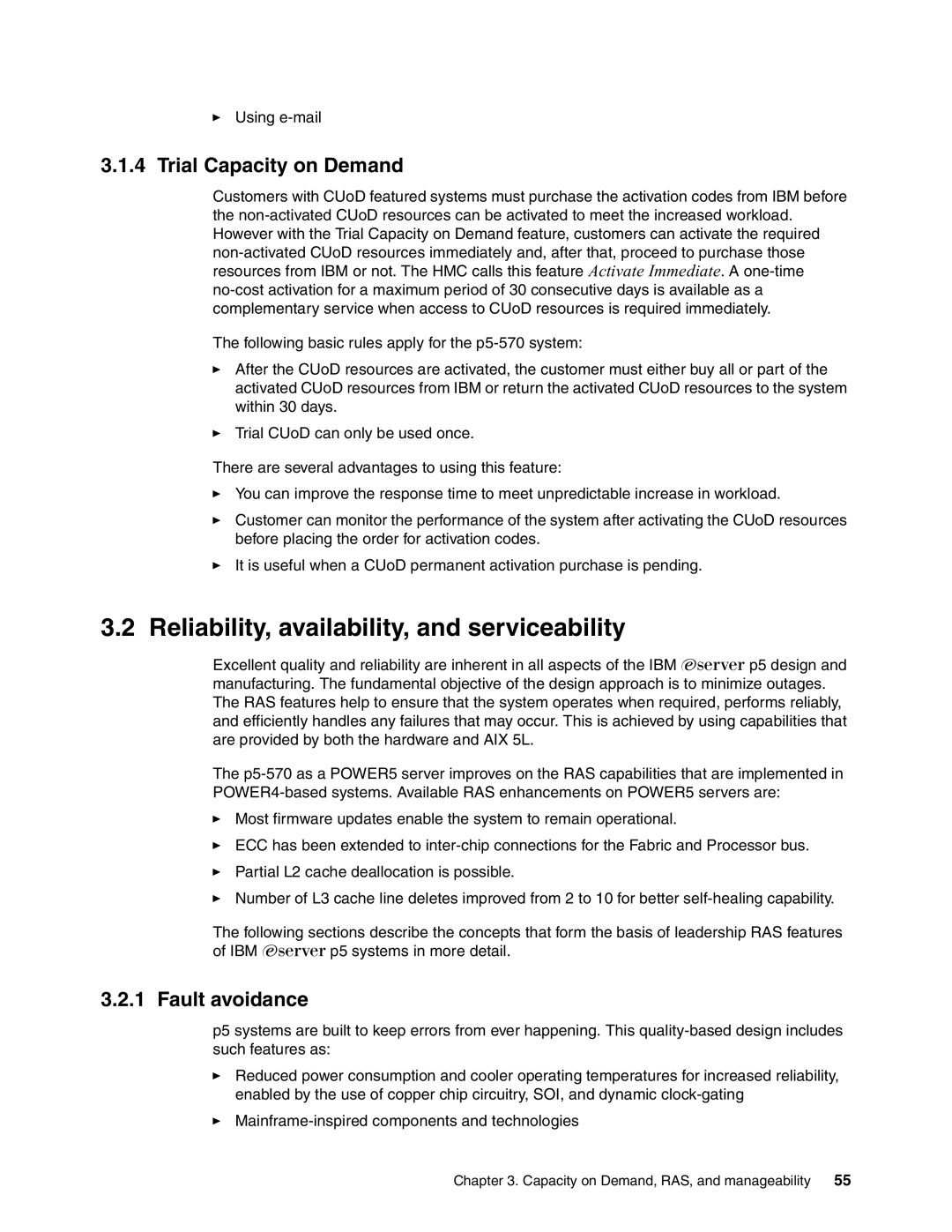 IBM P5 570 manual Reliability, availability, and serviceability, Trial Capacity on Demand, Fault avoidance 