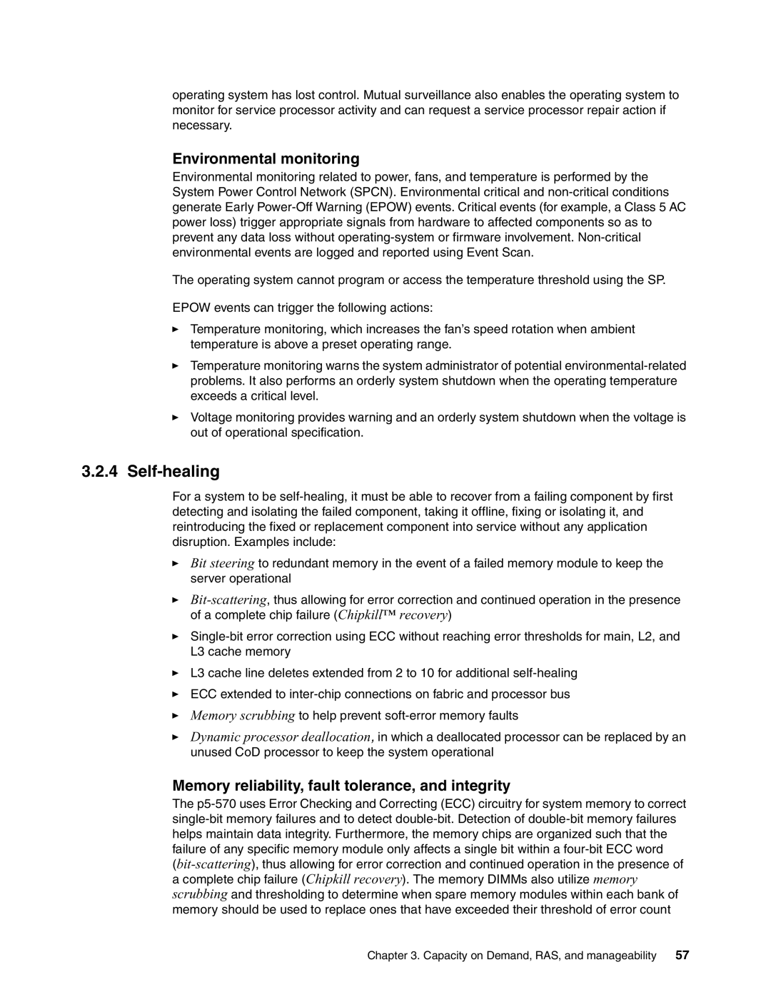 IBM P5 570 manual Self-healing, Environmental monitoring, Memory reliability, fault tolerance, and integrity 