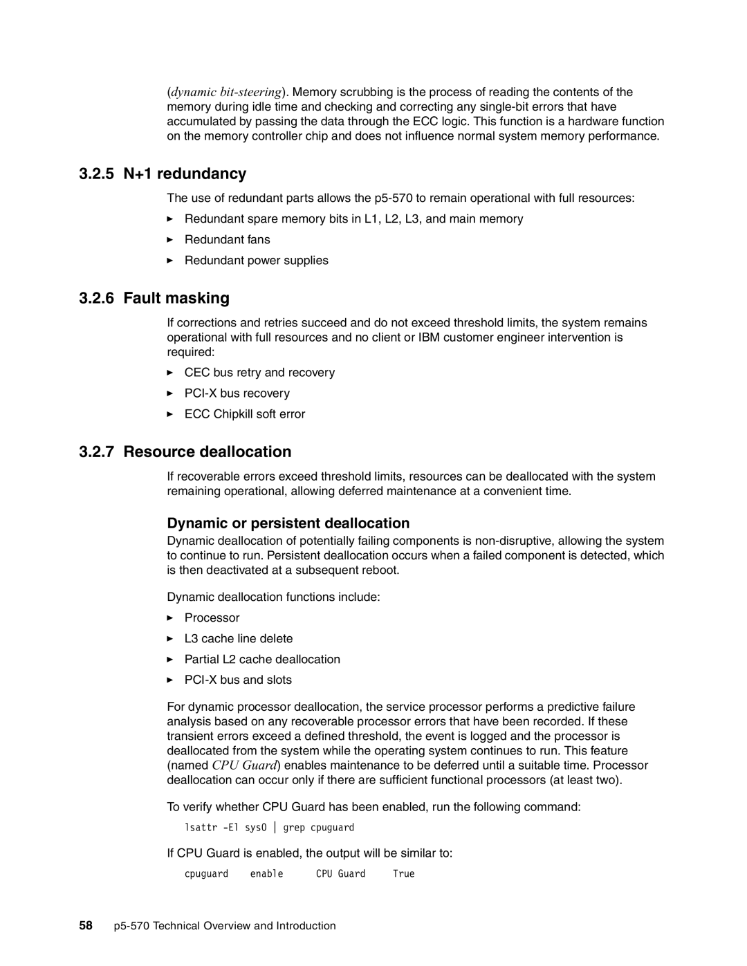 IBM P5 570 manual 5 N+1 redundancy, Fault masking, Resource deallocation, Dynamic or persistent deallocation 