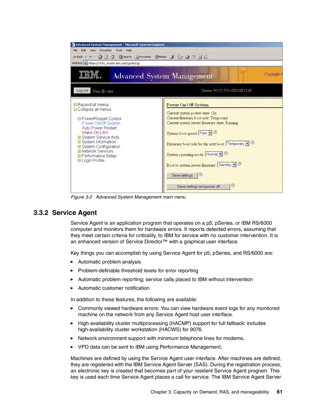 IBM P5 570 manual Service Agent, Advanced System Management main menu 