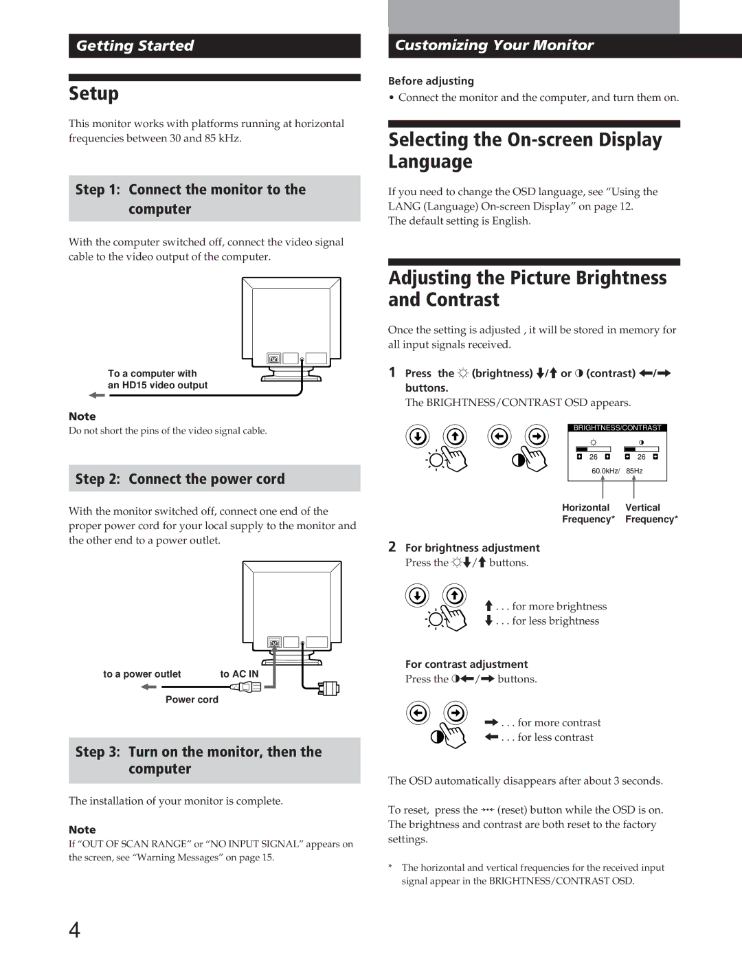 IBM P72 manual Setup, Selecting the On-screen Display Language, Adjusting the Picture Brightness and Contrast 