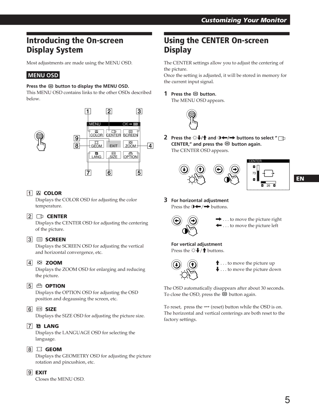 IBM P72 manual Using the Center On-screen Display 