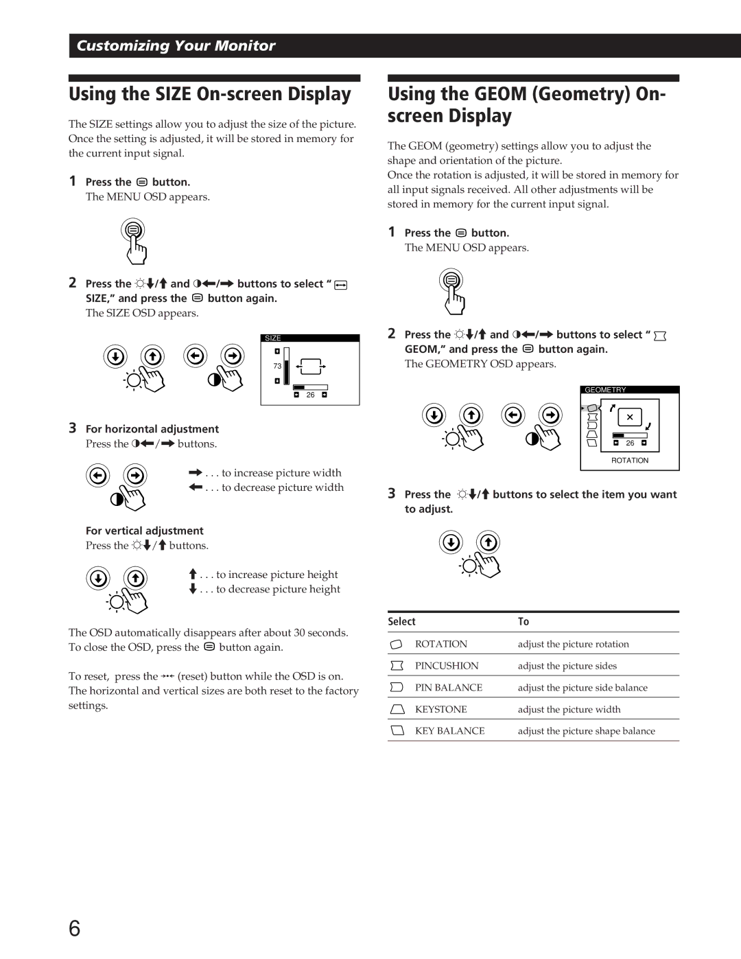 IBM P72 manual Using the Size On-screen Display, Using the Geom Geometry On- screen Display 