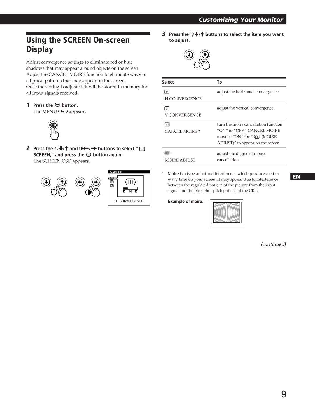 IBM P72 manual Using the Screen On-screen Display, Moire Adjust 