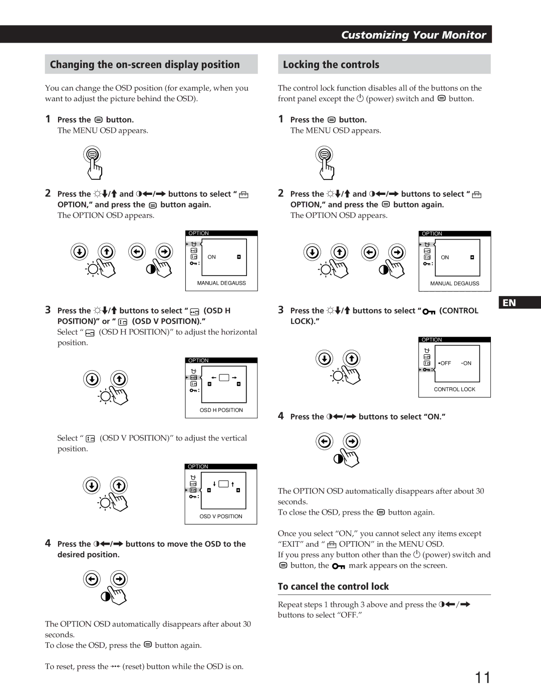 IBM P72 Changing the on-screen display position, Press the ¬./buttons to select Control, Press the ?//buttons to select on 