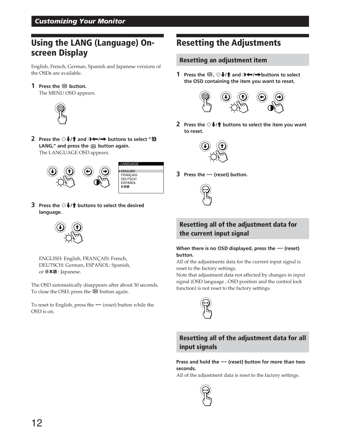 IBM P72 manual Using the Lang Language On- screen Display, Resetting the Adjustments, Resetting an adjustment item 