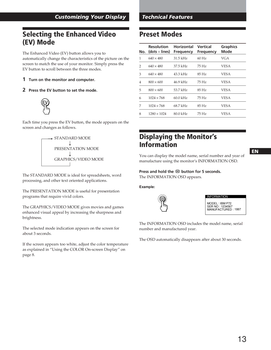 IBM P72 manual Selecting the Enhanced Video EV Mode, Preset Modes, Displaying the Monitor’s Information 