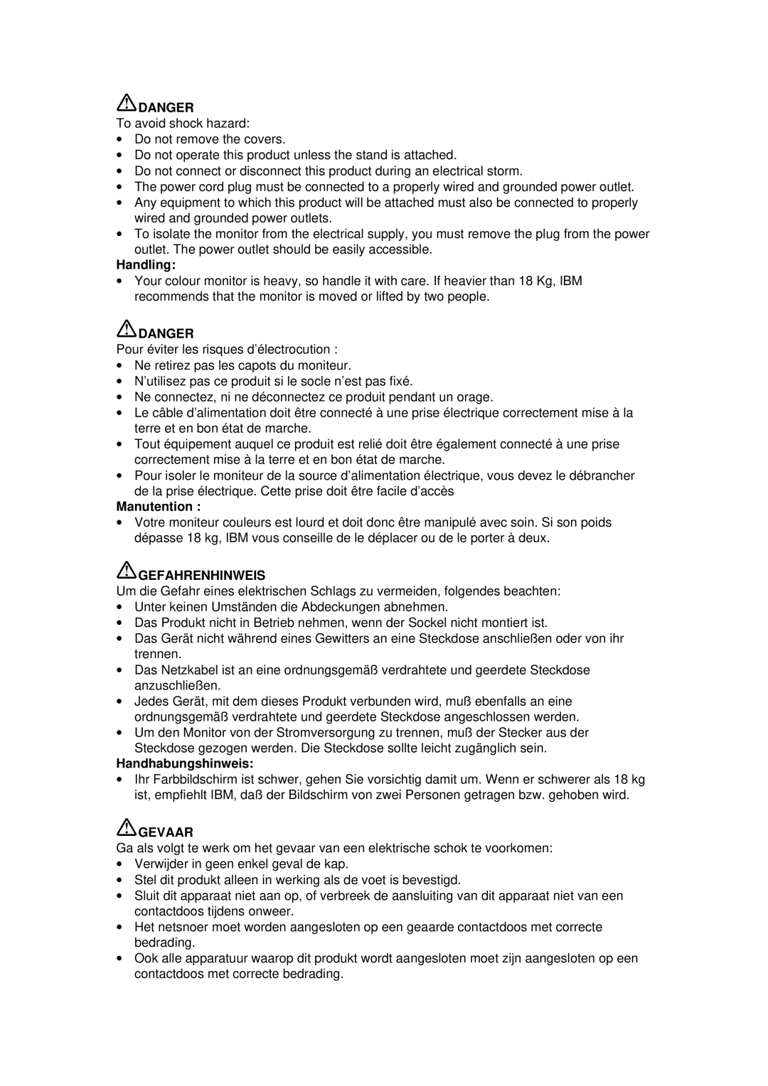 IBM P72 manual Gefahrenhinweis 