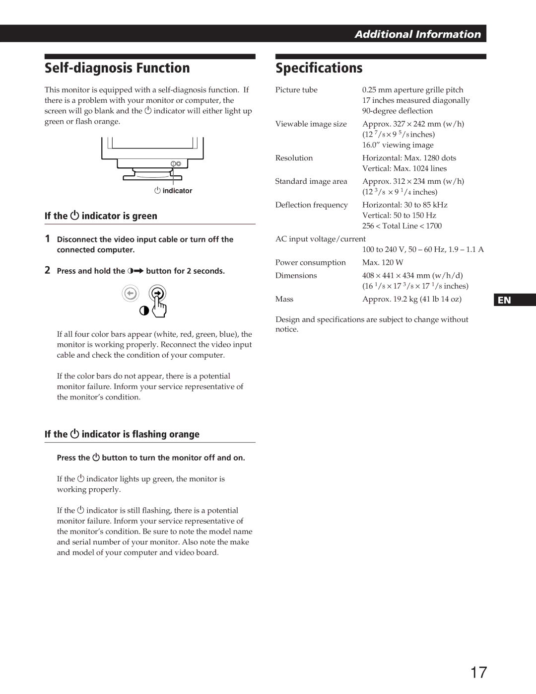 IBM P72 manual Self-diagnosis Function, Specifications, Press the u button to turn the monitor off and on 