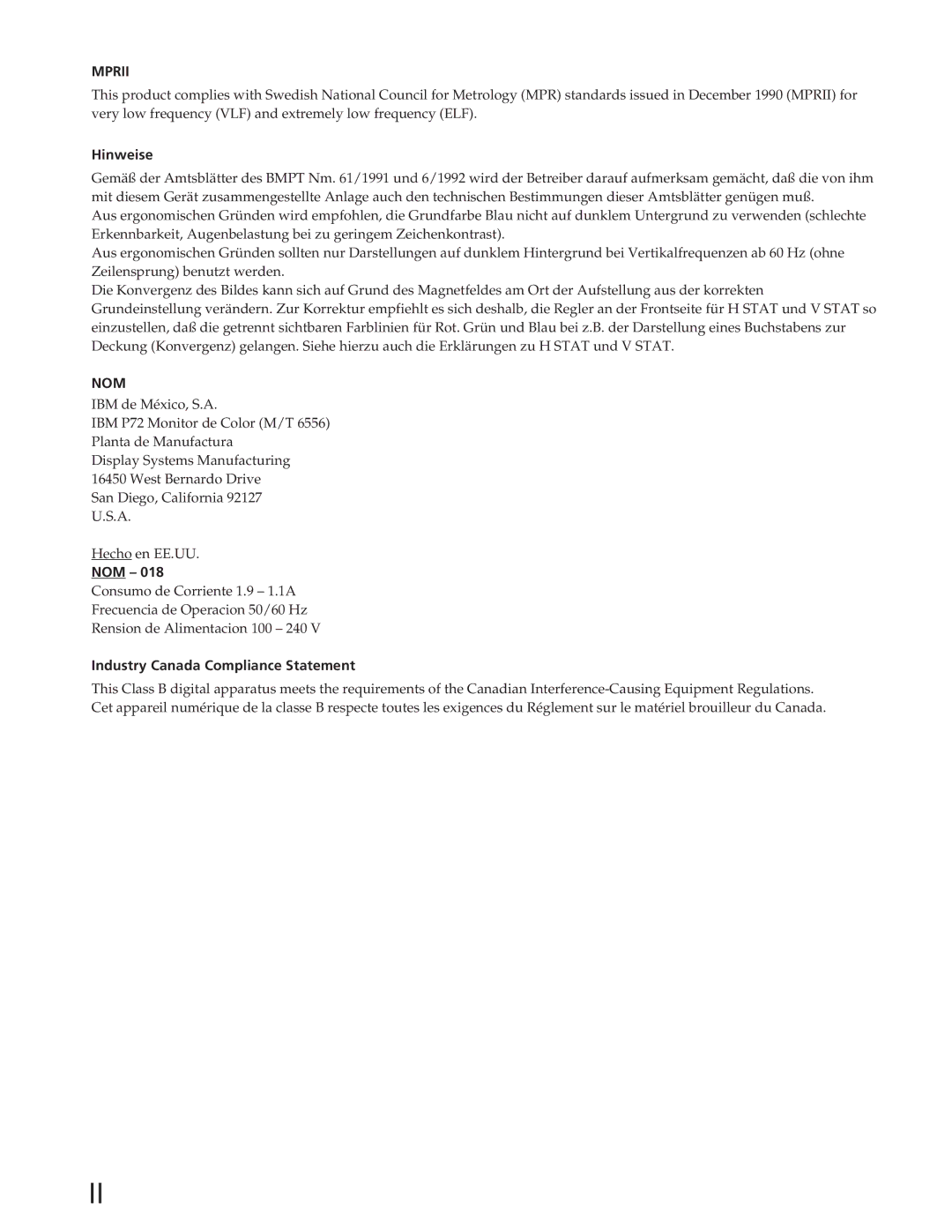 IBM P72 manual Hinweise, Nom, Industry Canada Compliance Statement 