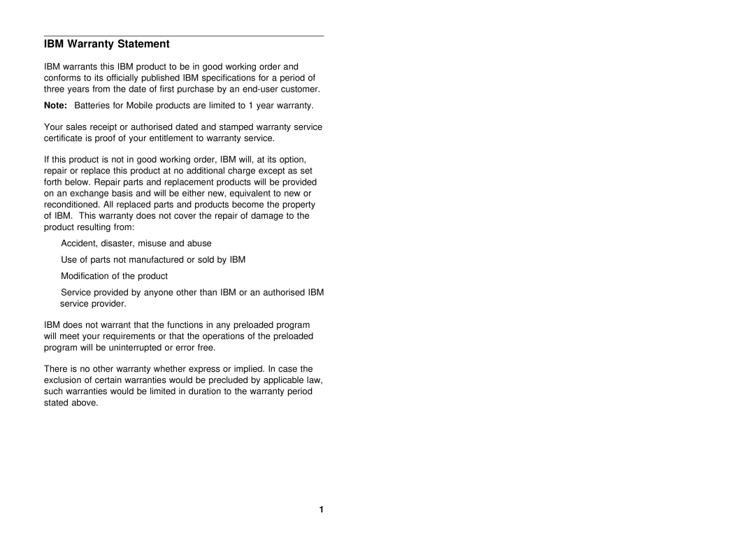 IBM P72 manual IBM Warranty Statement 