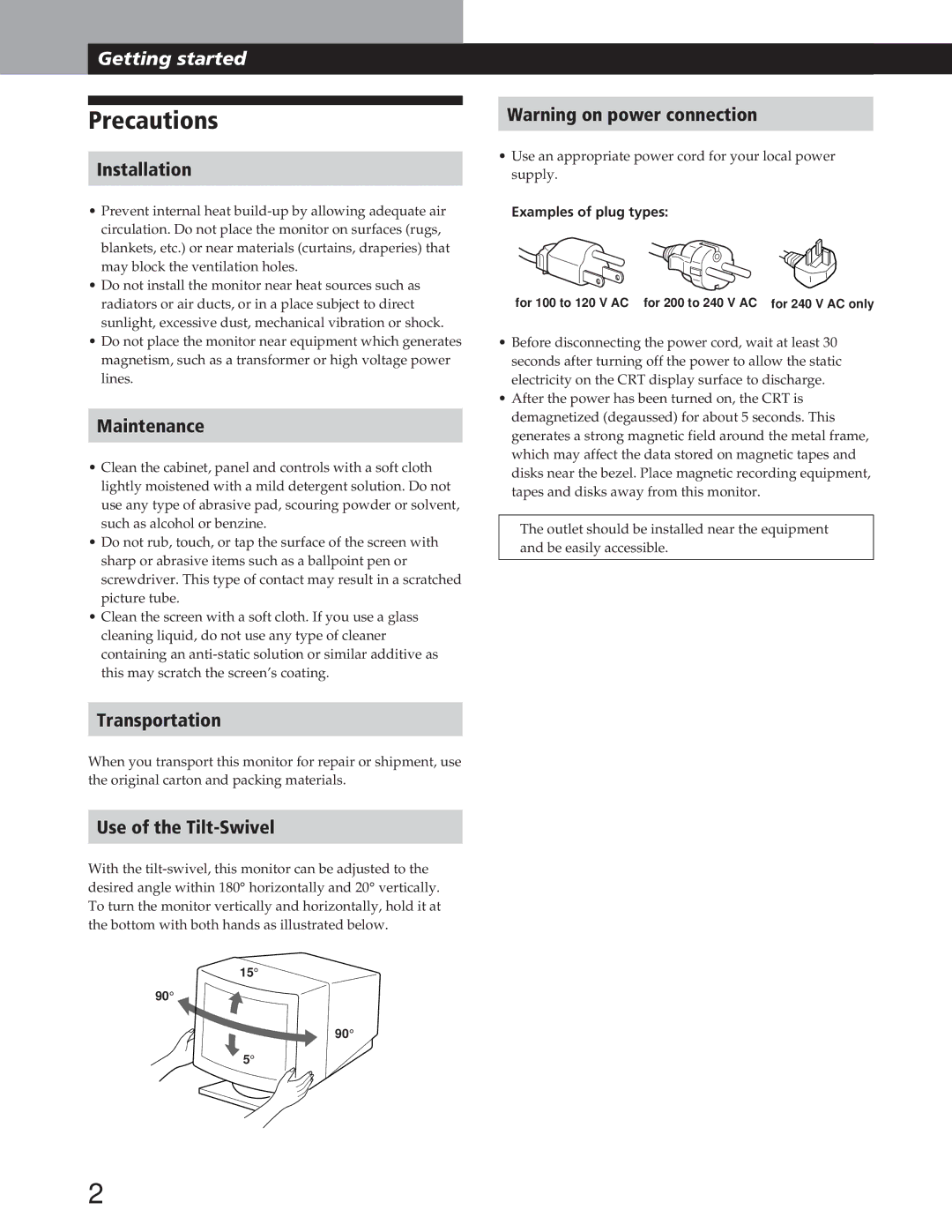 IBM P72 manual Precautions, Installation, Maintenance, Transportation, Use of the Tilt-Swivel 