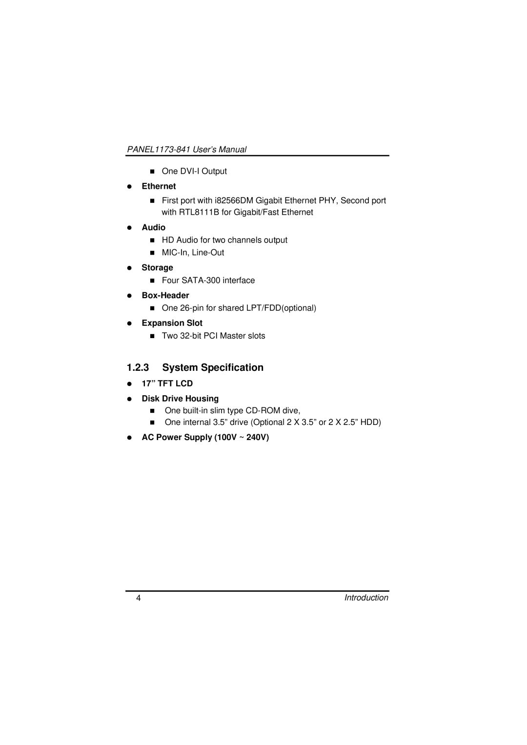 IBM PANEL1173-841 user manual System Specification 