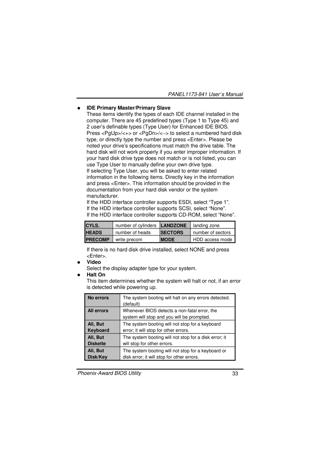 IBM PANEL1173-841 user manual IDE Primary Master/Primary Slave, Video, Halt On 