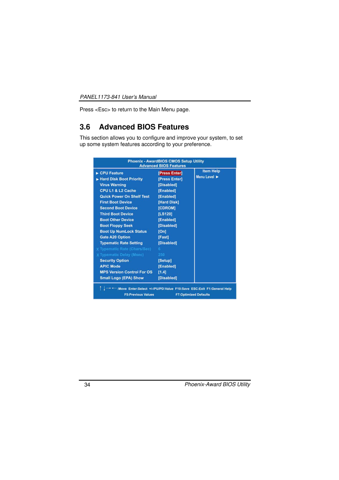 IBM PANEL1173-841 user manual Advanced Bios Features 