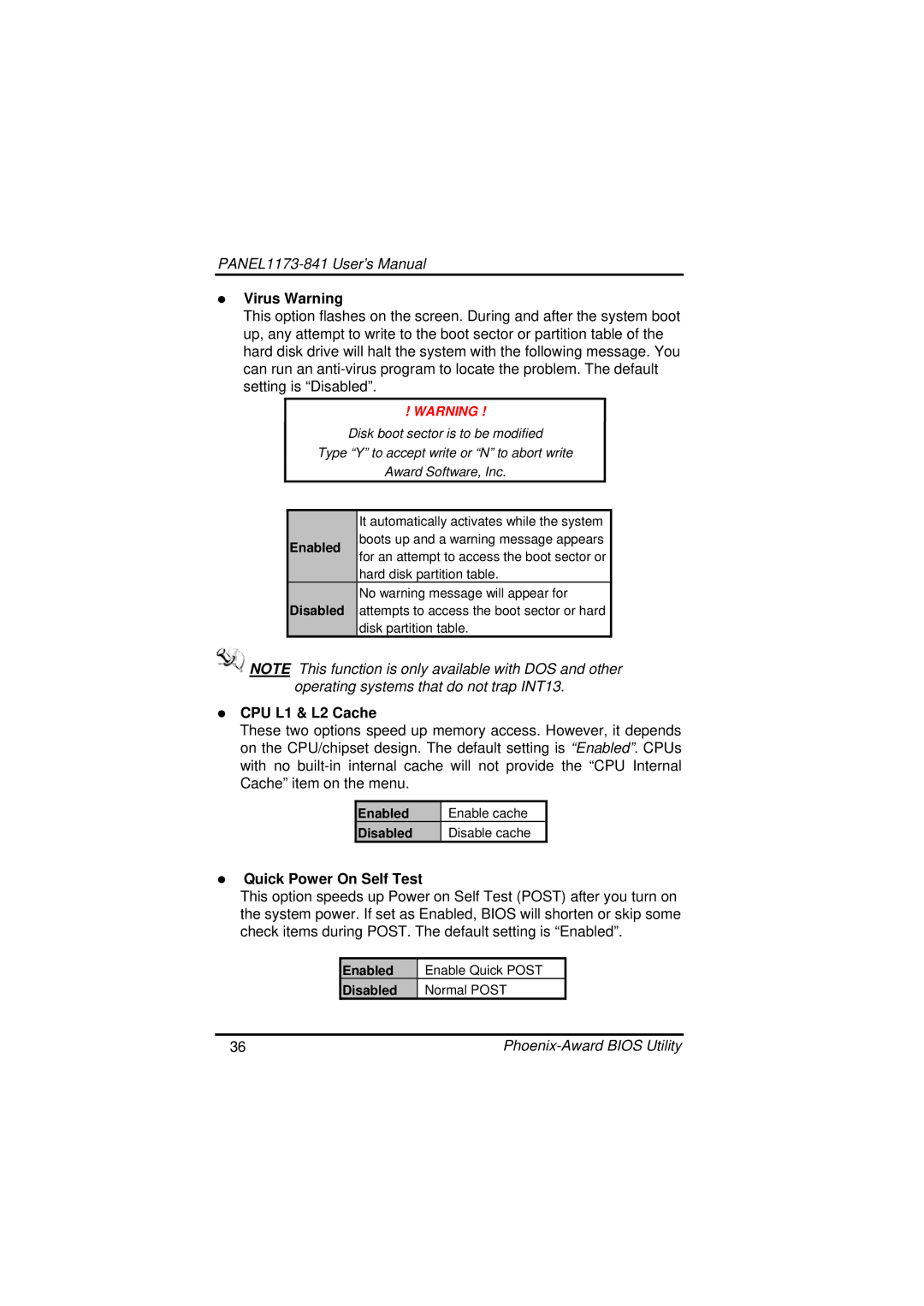 IBM PANEL1173-841 user manual Virus Warning, CPU L1 & L2 Cache, Quick Power On Self Test 