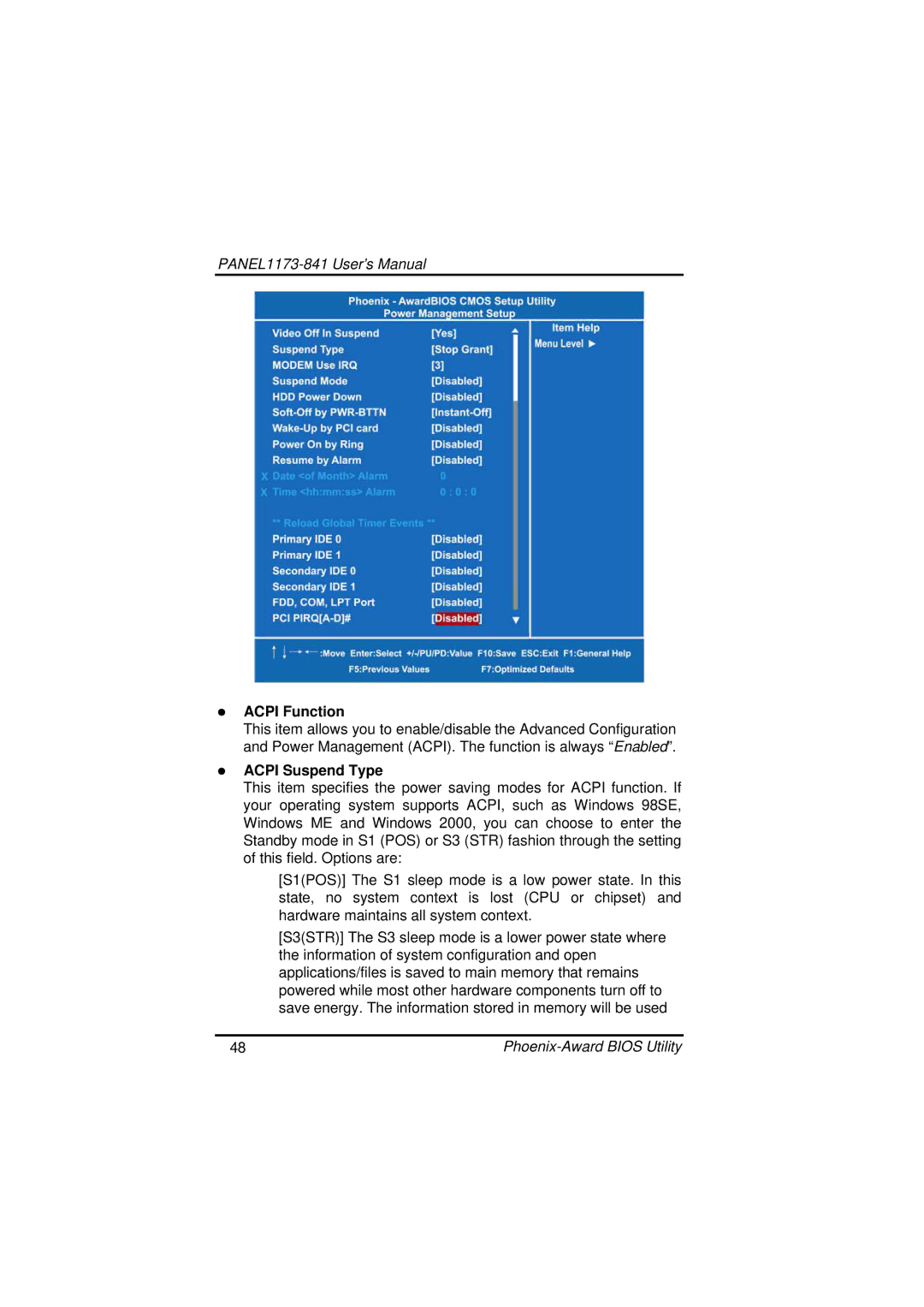 IBM PANEL1173-841 user manual Acpi Function, Acpi Suspend Type 