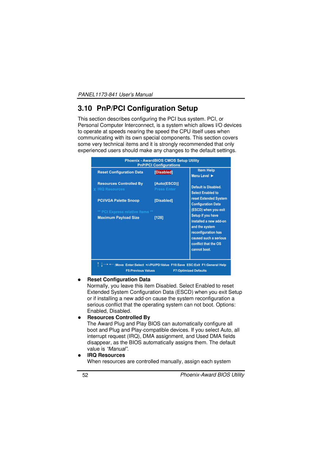 IBM PANEL1173-841 10 PnP/PCI Configuration Setup, Reset Configuration Data, Resources Controlled By, IRQ Resources 