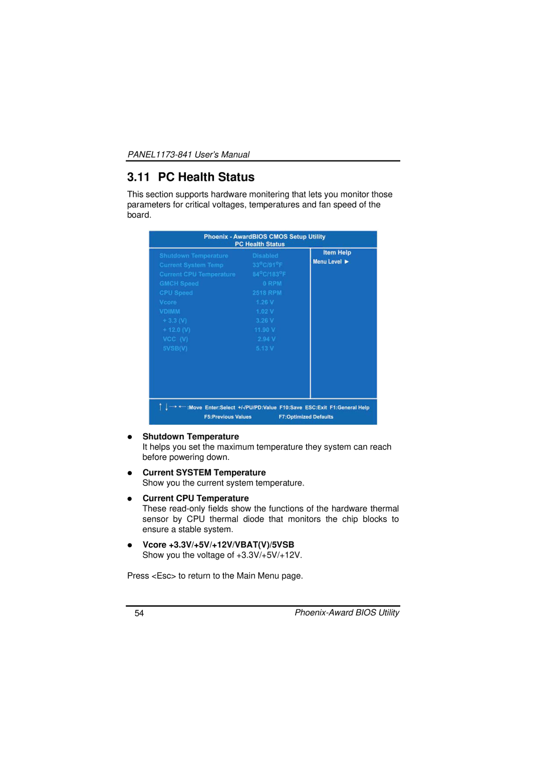 IBM PANEL1173-841 user manual PC Health Status, Shutdown Temperature, Current System Temperature, Current CPU Temperature 