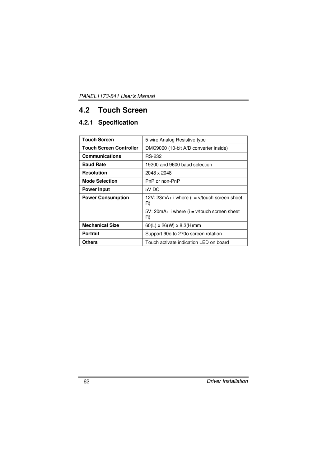 IBM PANEL1173-841 user manual Touch Screen, Specification 