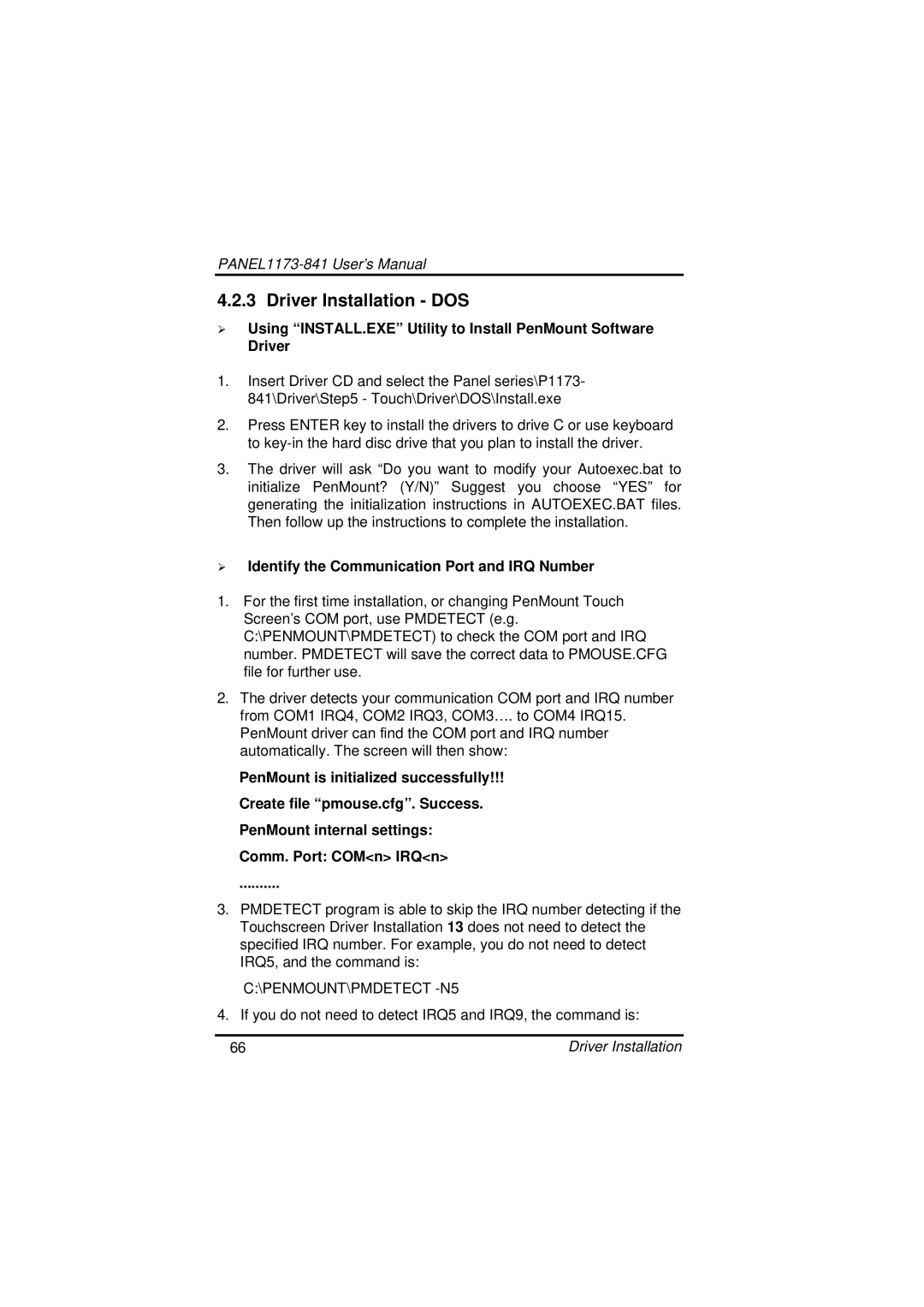 IBM PANEL1173-841 Driver Installation DOS, ¾ Identify the Communication Port and IRQ Number, Comm. Port COMn IRQn 