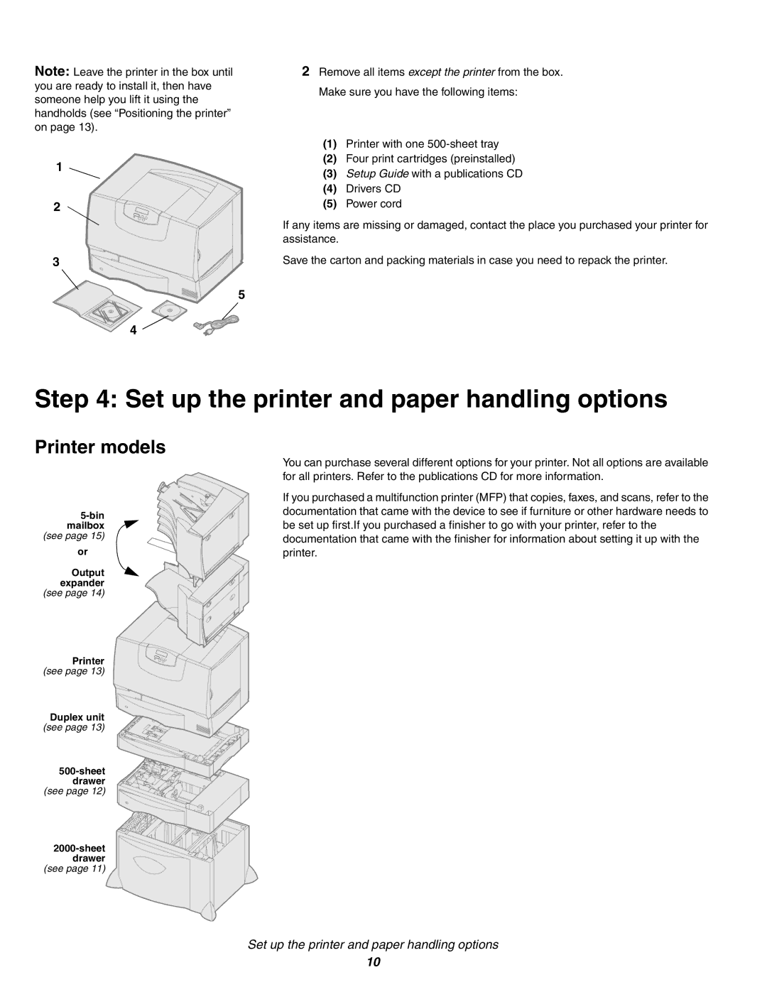 IBM Partner Pavilion 1454, 1464 setup guide Set up the printer and paper handling options, Printer models 