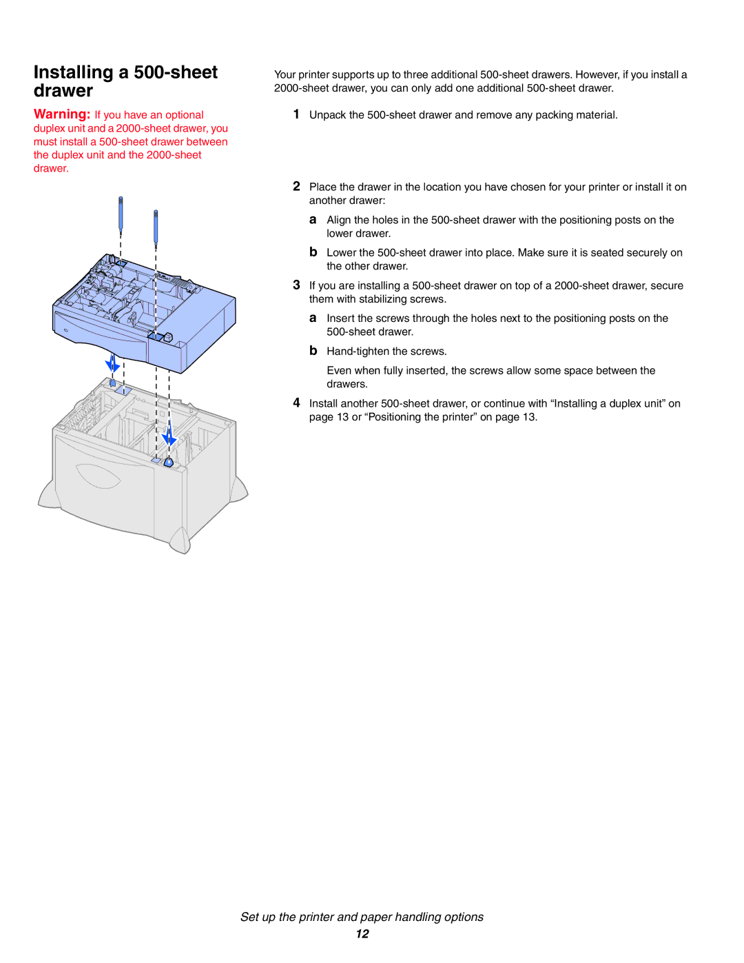 IBM Partner Pavilion 1454, 1464 setup guide Installing a 500-sheet drawer 