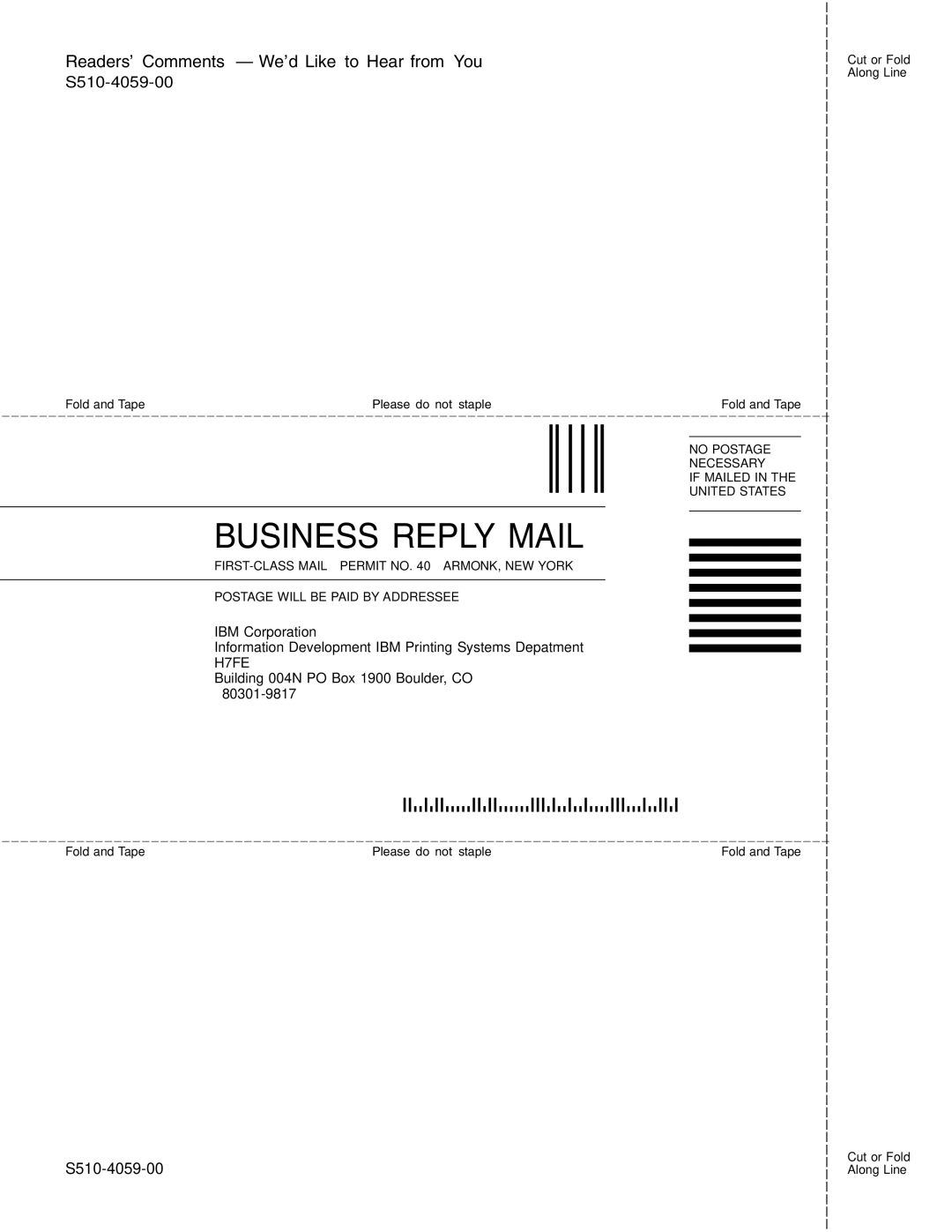 IBM Partner Pavilion 1454, 1464 setup guide Business Reply Mail 