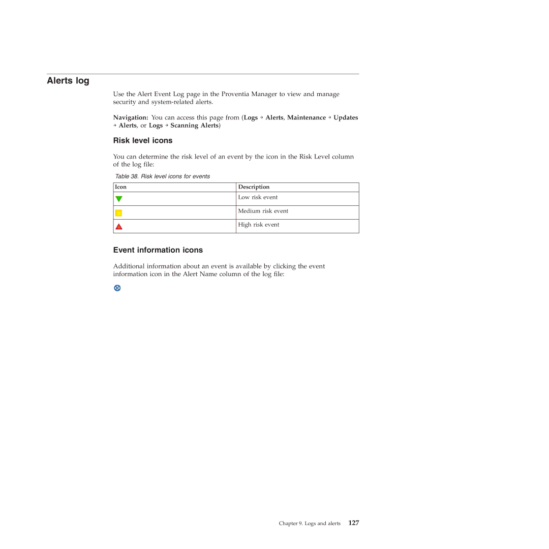 IBM Partner Pavilion 2.3 manual Alerts log, Risk level icons, Event information icons, Icon Description 