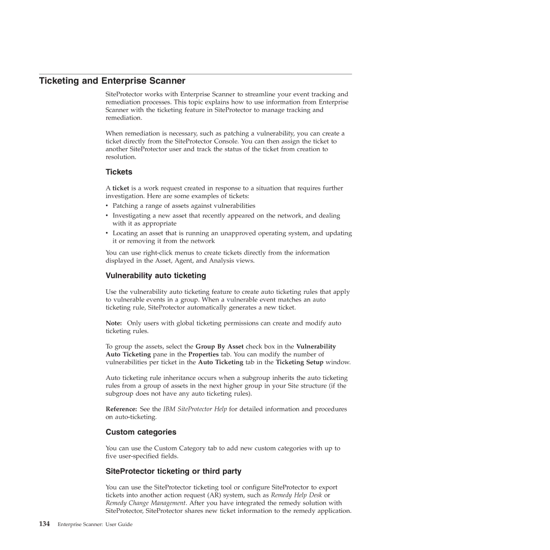 IBM Partner Pavilion 2.3 manual Ticketing and Enterprise Scanner, Tickets, Vulnerability auto ticketing, Custom categories 