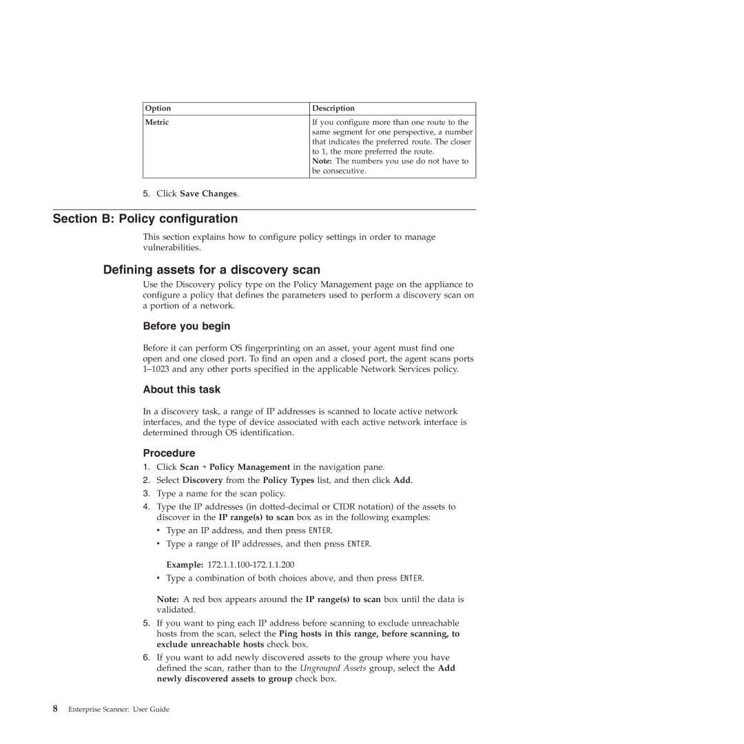 IBM Partner Pavilion 2.3 manual Section B Policy configuration, Defining assets for a discovery scan, Before you begin 