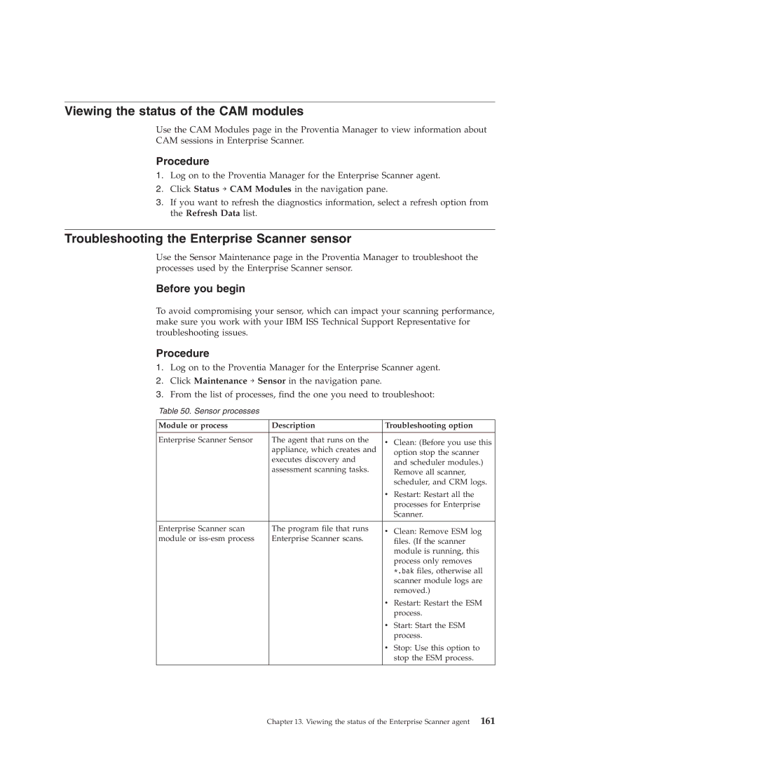 IBM Partner Pavilion 2.3 manual Viewing the status of the CAM modules, Troubleshooting the Enterprise Scanner sensor 
