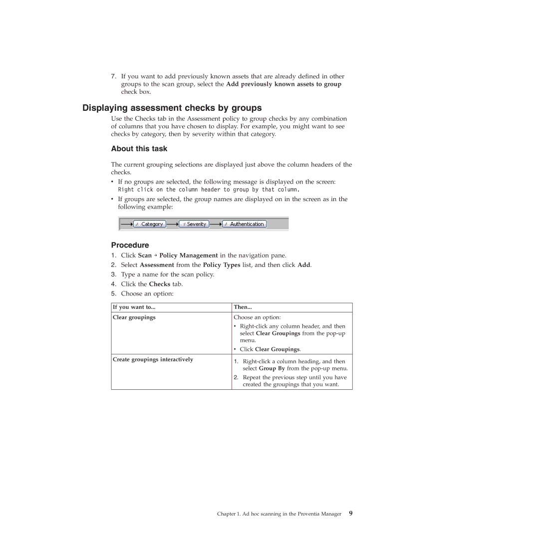 IBM Partner Pavilion 2.3 manual Displaying assessment checks by groups, If you want to Then Clear groupings 